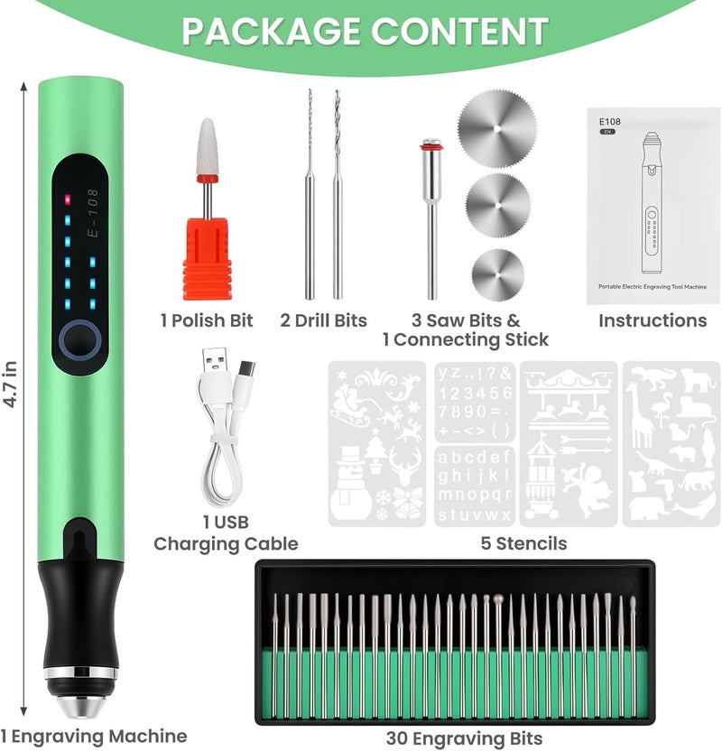 Timntts Electric Engraving Pen with 37 Bits, USB Rechargeable Cordless Etching Engraving Tool, Portable DIY Rotary Engraver for Jewelry Wood Glass Stone Carving (Green) - Image 3